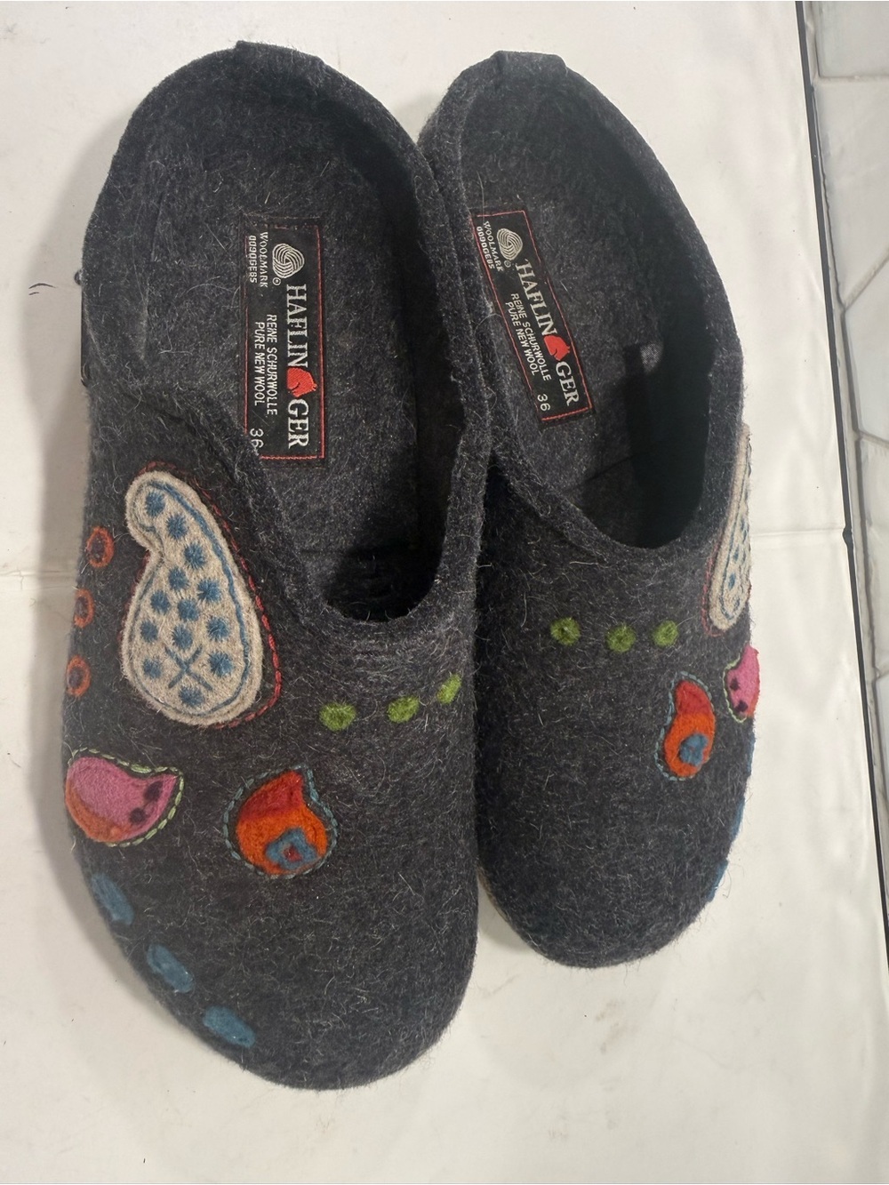 Haflinger Women's GZ Paisley Mule Clogs Charcoal Gray Pure New Wool Felt Sz 5